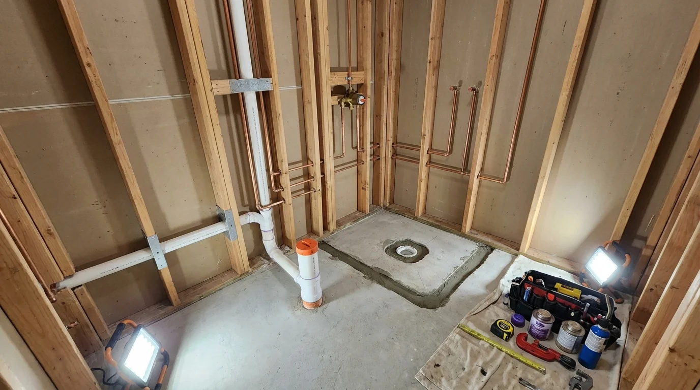 Bathroom rough-in plumbing during remodel by Johns Plumbing LLC in Riverhead