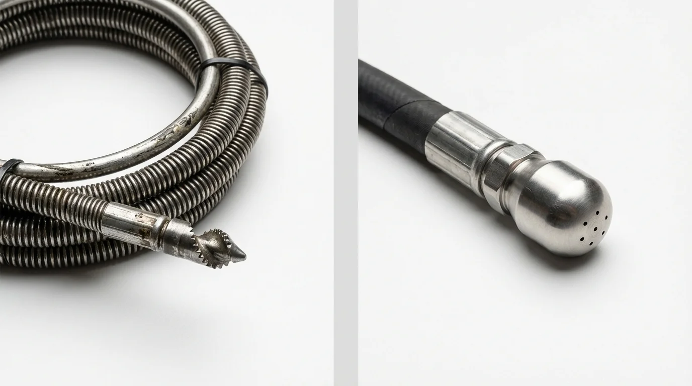 Drain snake cable and hydro jetting nozzle used for drain cleaning in Riverhead, NY