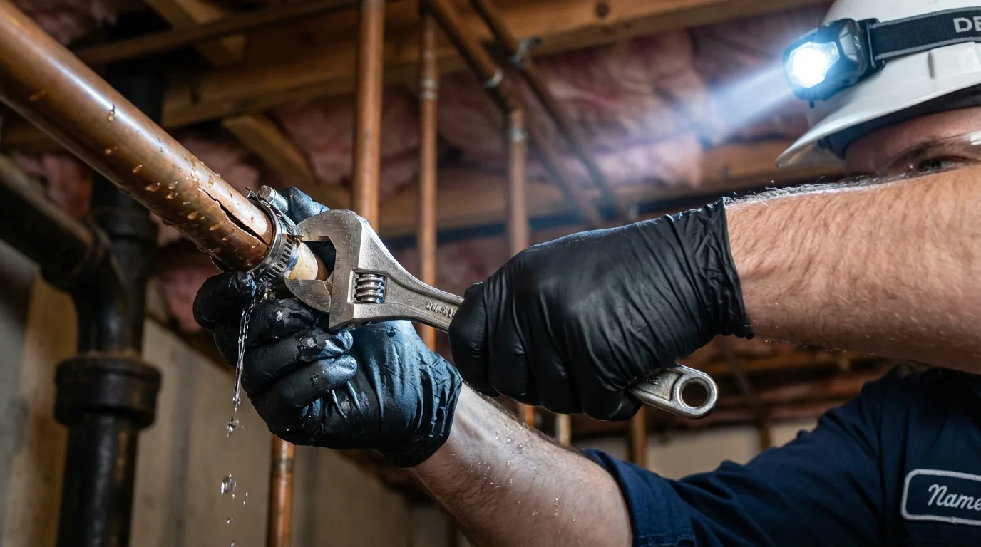 Emergency pipe clamp repair being performed by a Johns Plumbing LLC plumber in Riverhead