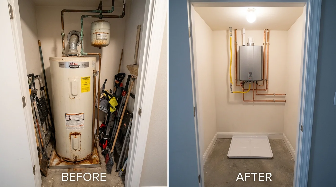 Tank water heater versus wall-mounted tankless unit comparison for Riverhead, NY homeowners