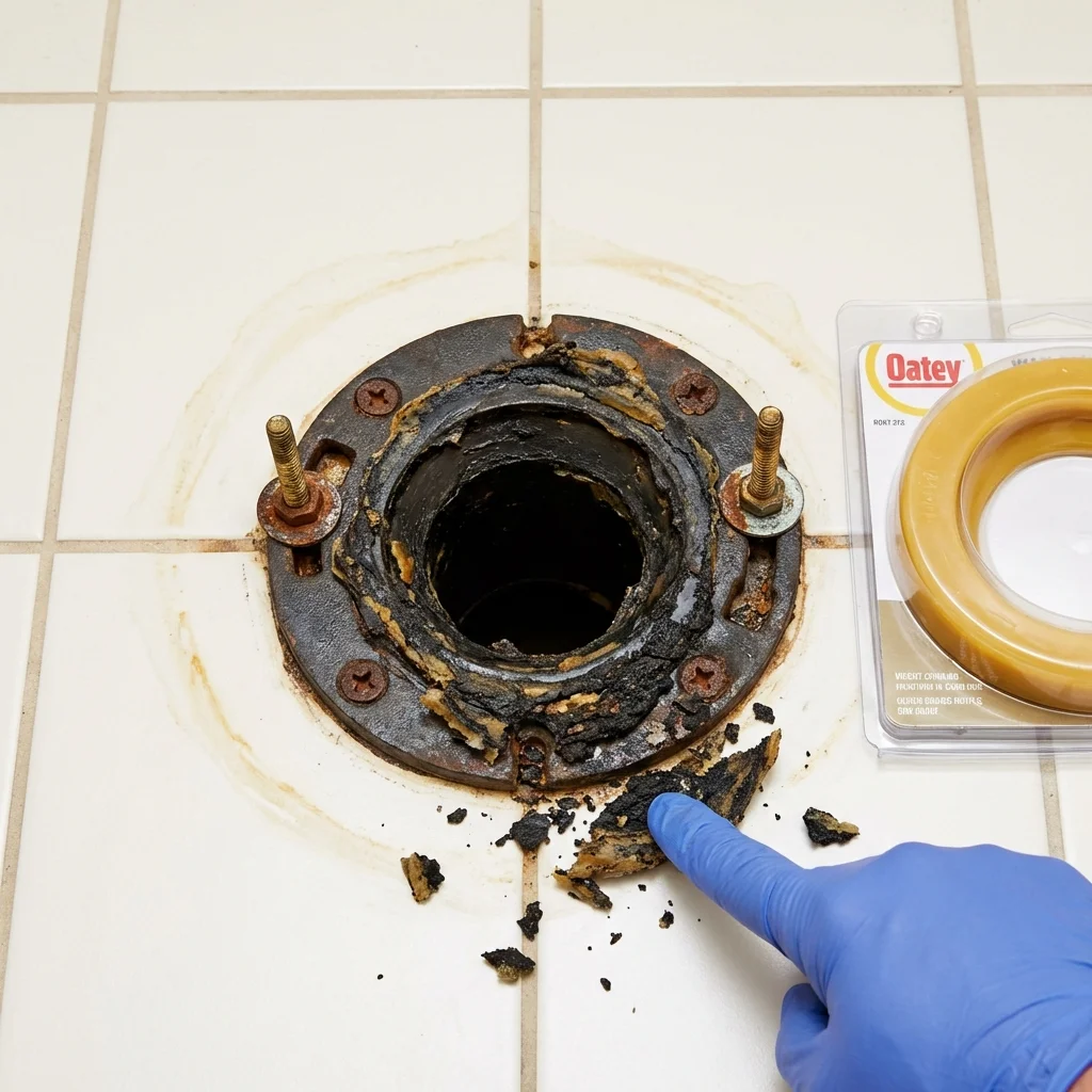 Failed wax ring showing water seepage at the base of a toilet in a Riverhead, NY home