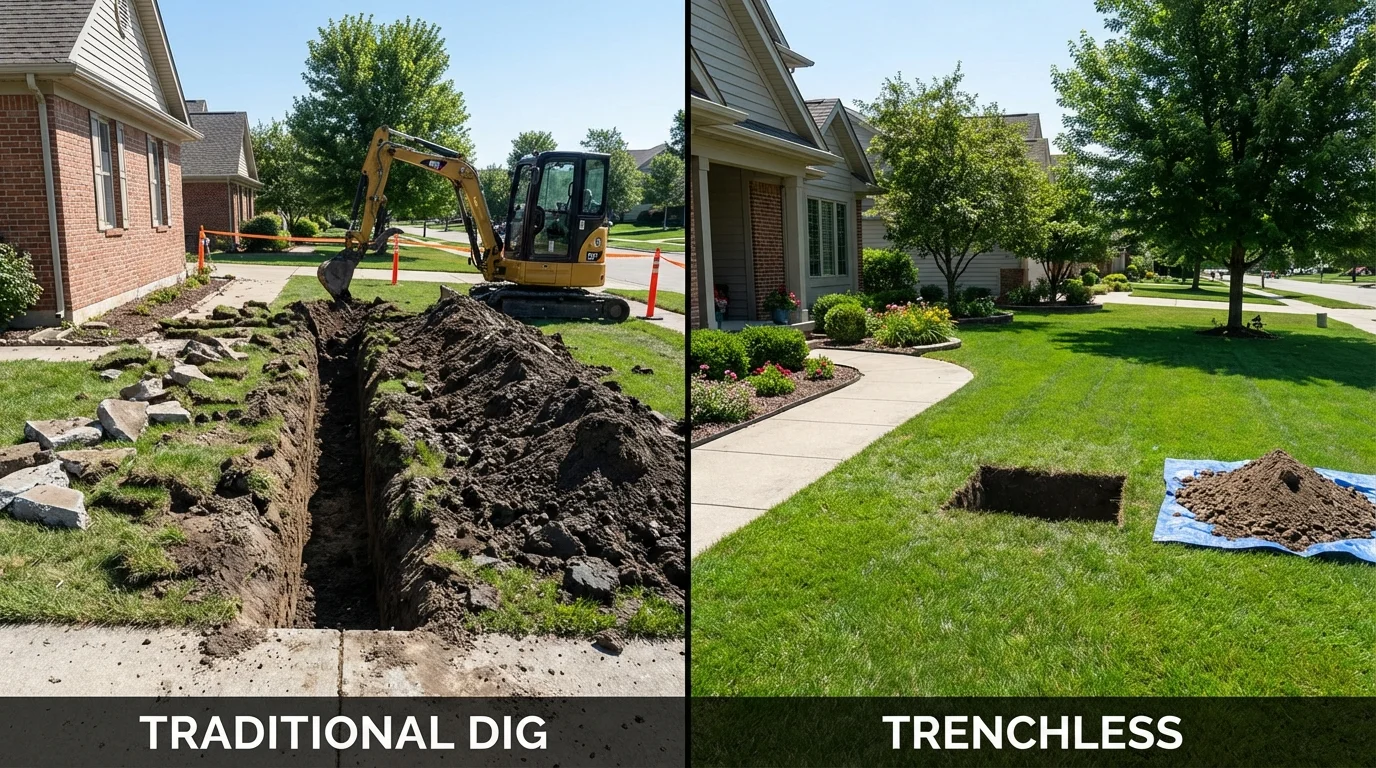Trenchless sewer repair with minimal yard damage versus traditional excavation in Riverhead, NY