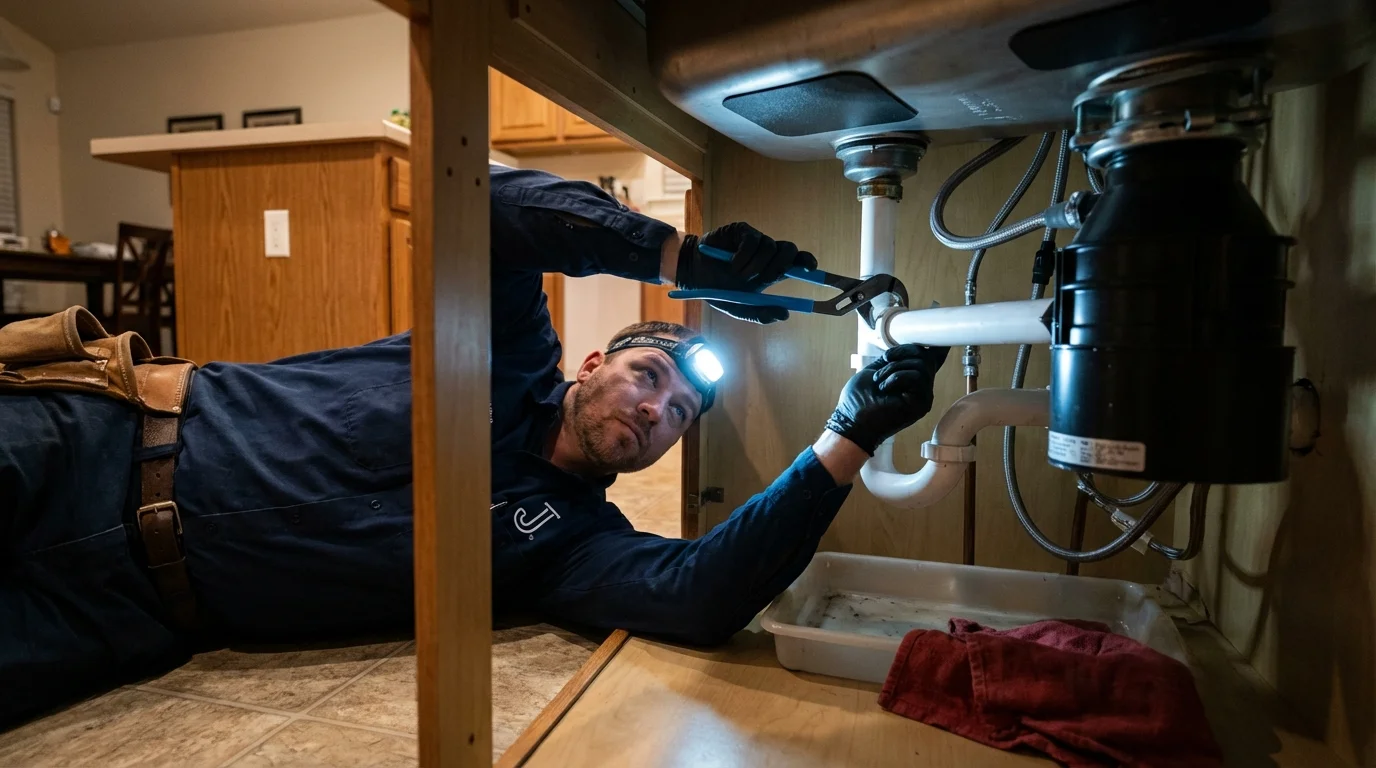 P-trap and supply line connections under a kitchen sink showing a common leak point in Riverhead, NY